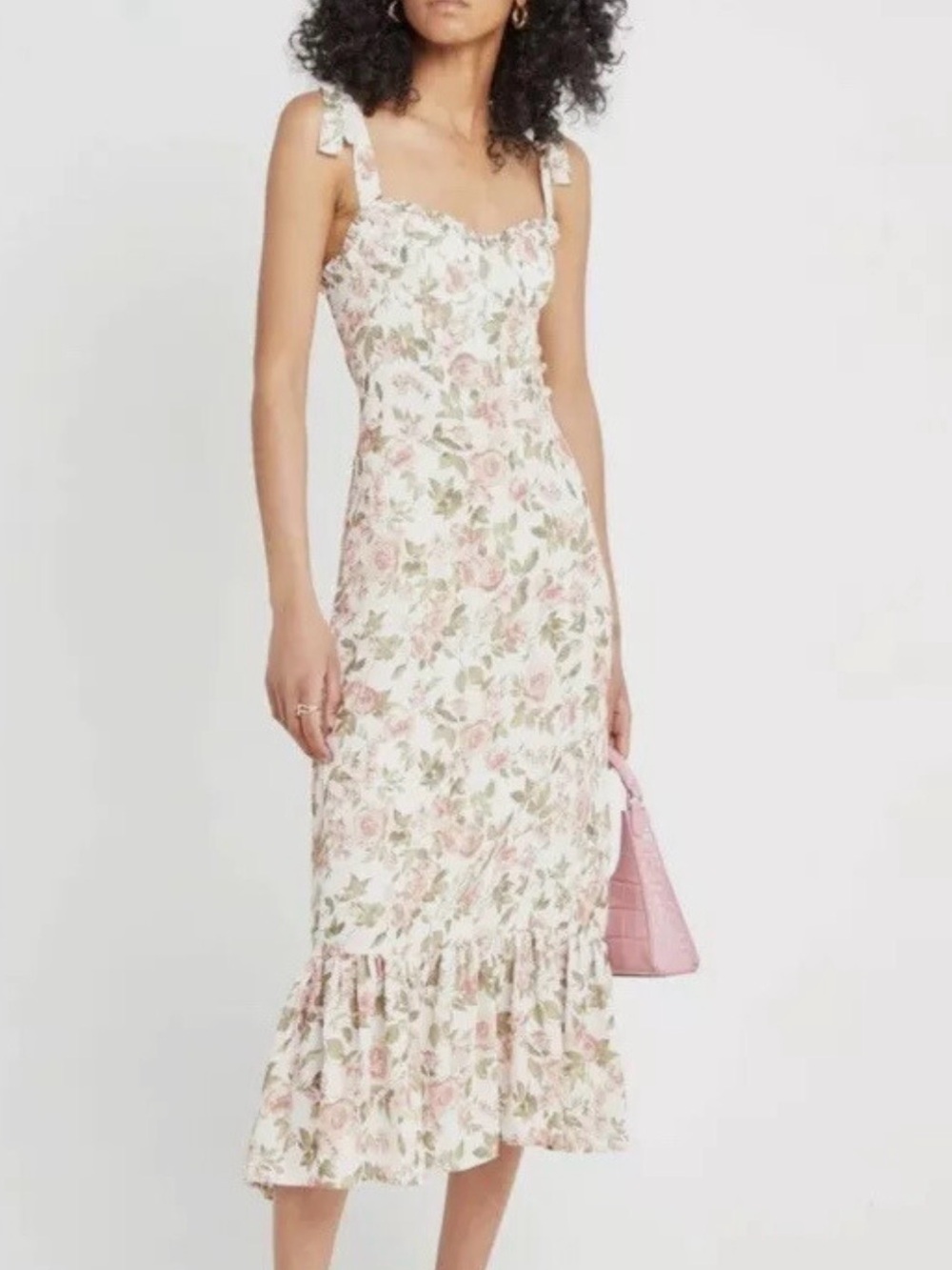Tie-Shoulder Floral Midi Dress in Pink and Cream